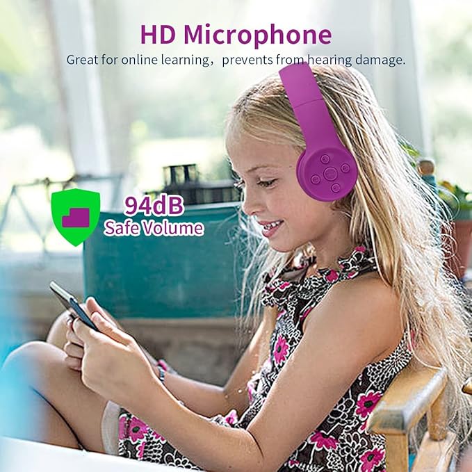 Girls Wireless Headphones, Bluetooth Kids Headphones,5 Button Easy Use, 93db Volume Limited with Built-in Mic for Cell Phones TV Tablet Amazon fire School Network Boys Girls (Purple)