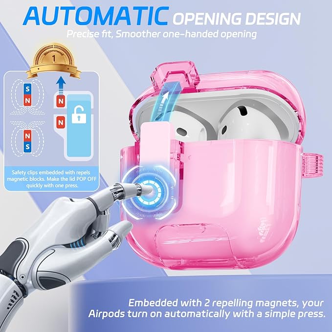 for AirPods 4 Case with Phone Stand & Safety Lock, Auto-Open Clear AirPod Case Compatible with Apple AirPods 4th Gen 2024, Anti-Scratch & Shockproof Protective Cover with Cleaning Kit & Keychain