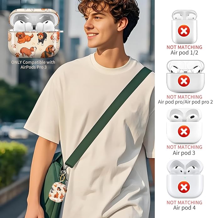 AirPod Pro 3 (2025) Case Cover for Women, Cute Shockproof TPU Protective Case with Gold Round Buckle, Anti-Drop Design Cute Doodle Dog Print Animal