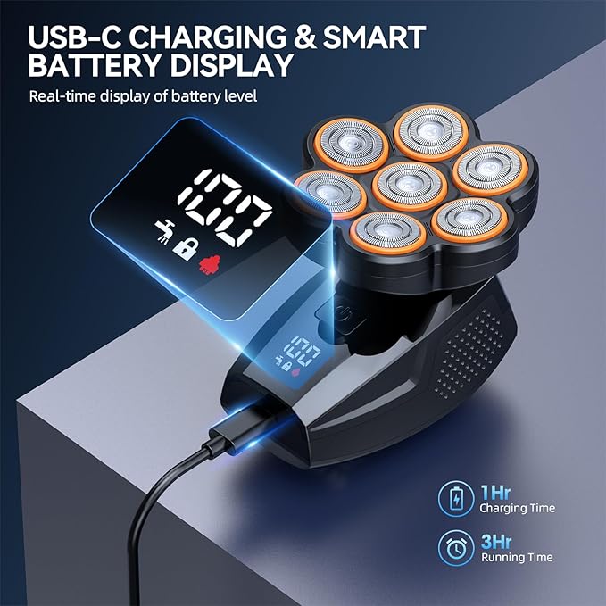 Head Shavers for Bald Men, 7D Electric Razor 10000 RPM High-Speed Mens Head Shaver, LED Display & IPX8 Waterproof for Wet/Dry Use, Fast Rechargeable Shaving Grooming Kit
