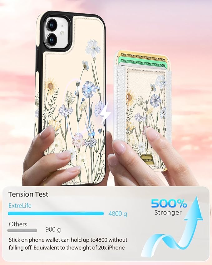 Shorogyt for iPhone 11 Wallet Case - Fits 5 Cards, Compatible with Magsafe Detachable Magnetic Credit Card Holder Leather Cardholder Cute Phone Cover Women Girls for Apple 11, Color Flower