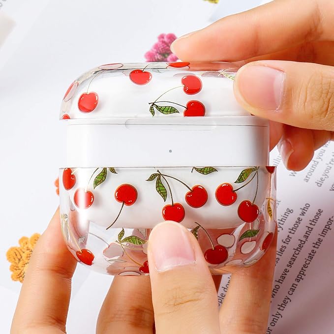 Compatible with Apple Airpods Pro Case for Women, Clear with Designs Patterns Hard PC Shockproof [Front LED Visible ] Anti-Fall Full Protector Cover, Cherry