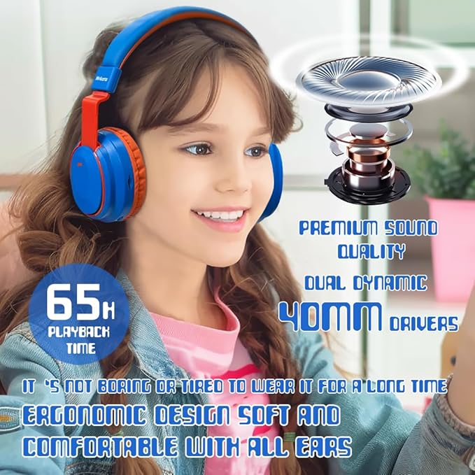 Kids Headphones Bluetooth 5.3 Wireless Lightweight Fast Charging 68 Hours Play Time Volume Limited 85/94dB Over Ear Foldable with Built-in Mic for Toddler Boy Girl Tablet Pad Blue