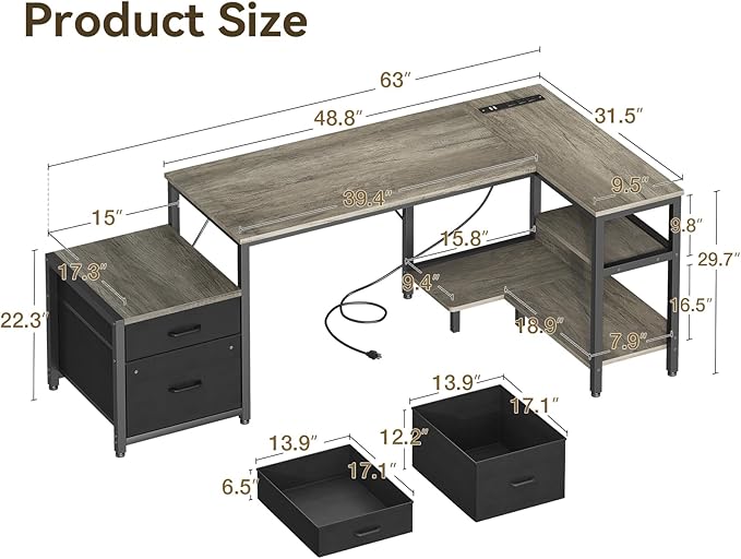 Casaottima L Shaped Desk with Drawers & File Cabinet, 63 Inch Computer Desk with Storage Shelves & CPU Stand, Corner Desk with Power Outlets, Reversible L Desk for Home Office, Grey