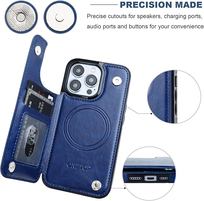 ONETOP Compatible with Magsafe for iPhone 13 Pro Wallet Case with Card Holder, PU Leather Kickstand RFID Blocking Case, Double Magnetic Clasp and Durable Shockproof Cover 6.1 Inch (Blue)
