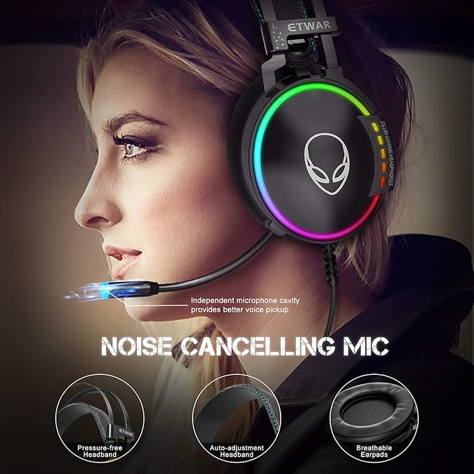 ETWAR EG100 USB Wired Gaming Headset for PC, 7.1 Surround Sound,Computer Headphones with Microphone/Mic Noise Cancelling, Video Gaming, RGB Flowing Light - for PS4, PS5,Laptop