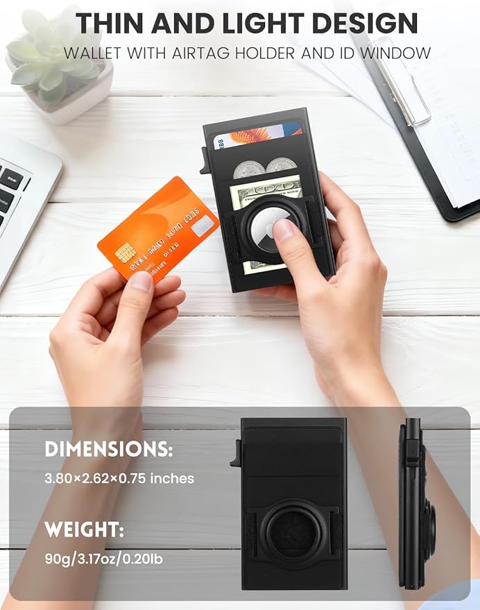 Slim Wallet for Men with ID Window,Pop Up Wallet with AirTag Holder, RFID Wallet for Men | Credit Card Holder with Elastic Pocket for Cash,Coins,Keys. Metal Wallets for Men,Men's Gifts
