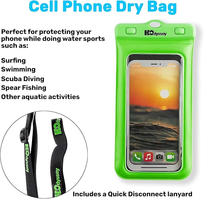 H2ODYSSEY Waterproof Phone Case and Lanyard - Excellent Waterproof Protection - Floats in The Water -Lanyard for Beach Kayak Travel - Universal Size - Green