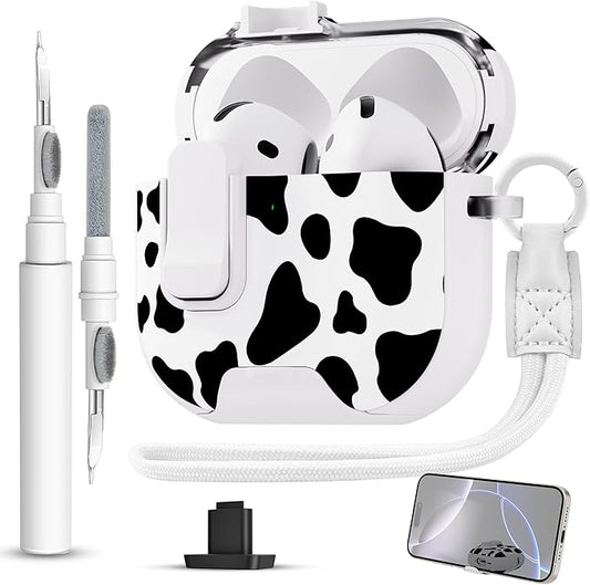 for AirPods 4 Case with Secure Lock Clip in Phone Stand,Floral Girly Style Protective Cover with Cleaning Kit and Hand Strap for Apple AirPod 4 Generation (White Cow)