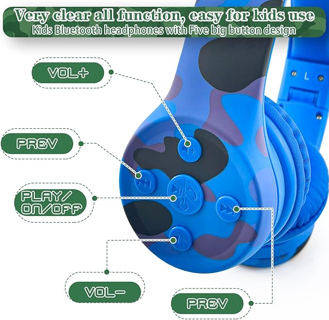 Toddler Headphones Wireless,Kids camo Bluetooth Headphones, 5 Button Easy Use, 93db Foldable with Built-in Mic for Cell Phones TV Tablet Network Boys Girls (bs690 Blue Camo)