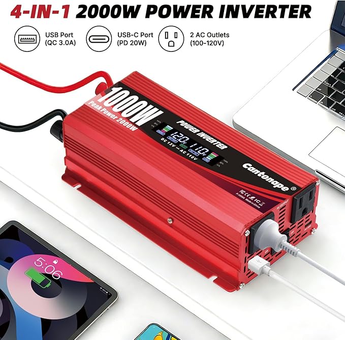 1000W Power Inverter DC 12V to 110V/120V AC Car Inverter with LCD Display, 2 AC Outlets, 3.0A USB and 20W Type-C Car Charger for Vehicles Home Laptop Truck