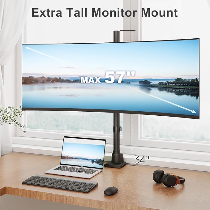Heavy Duty Monitor-Arm Ultrawide for 24-57’’ - Extra Tall Aluminum Single Monitor Mount Holds up to 59.4 lbs, Adjustable Desk Mount Stand, VESA 75/100/200 mm, Black