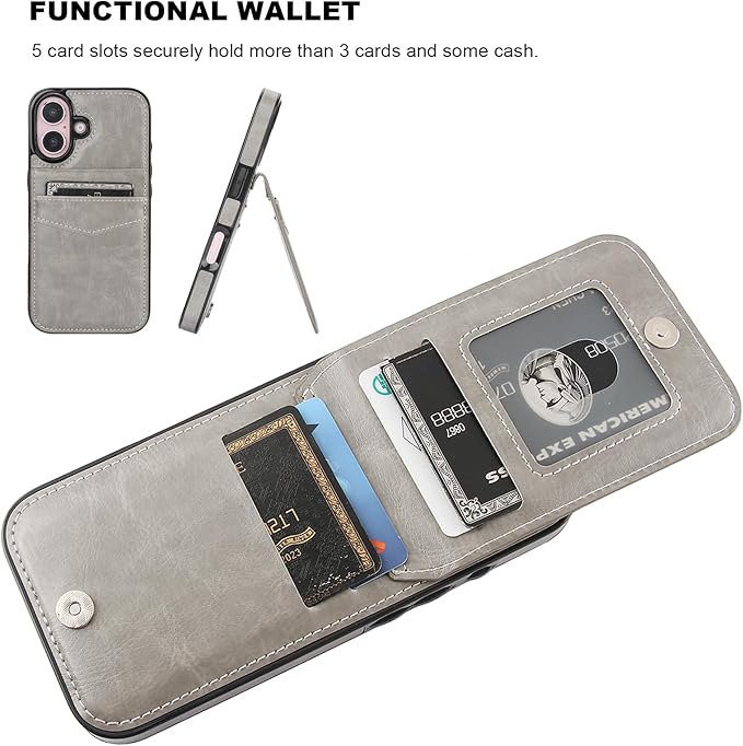 KIHUWEY Compatible with iPhone 16 Case Wallet with Credit Card Holder, Flip Premium Leather Magnetic Clasp Kickstand Heavy Duty Protective Cover for iPhone 16 6.1 Inch (Gray)