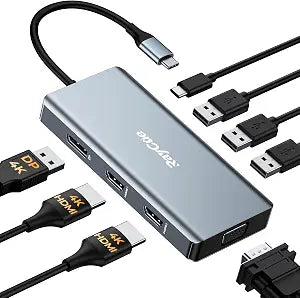 USB C Docking Station Dual Monitor Adapter, 8 in 1 Laptop Docking Station 3 Monitors Quadruple Display USB C Hub Dongle to 4K HDMI+DP+VGA - Image 1