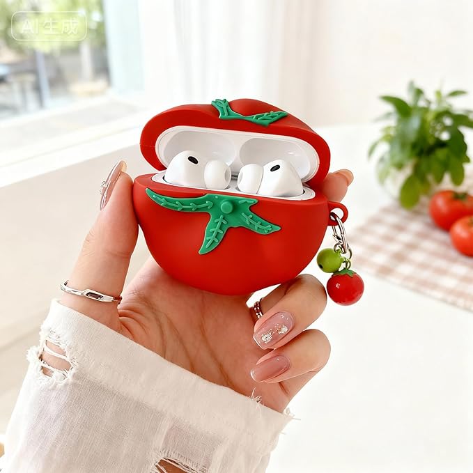 for AirPods Pro 3 Case 2025 - Cute Kawaii Soft Silicone Shockproof Protective Cover, 3D Cartoon Fruit Tomato Funny Design with Keychain for Girls Women Boys