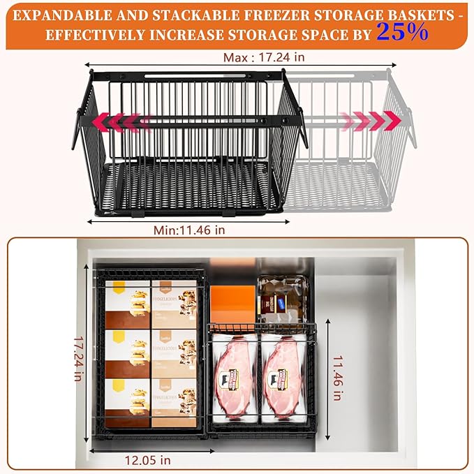 Large Freezer Organizer Bins，Upgraded Bottom Leak-Proof net，Fit 10 to 20 Cu.Ft Deep Freezer，4Pack， Expandable Stackable Chest Freezer Organizer Bins , for Fridge, Deep Freezer, Cabinet