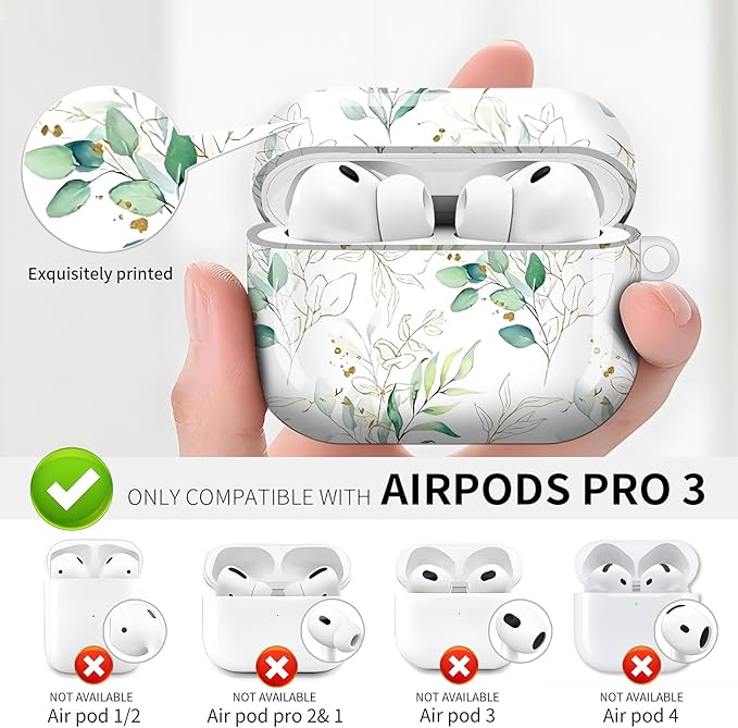 Compatible with AirPod Pro 3 (2025),Cute Case Cover for Women & Men, Full Protection Shockproof Hard Case with Keychain, Wireless Charging Case Accessories(Green Gold Leaves Branches)