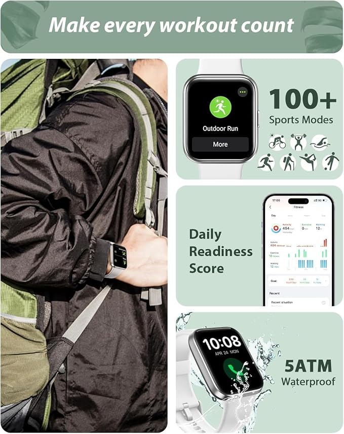 Smart Watch for Women Android & iPhone, Alexa Built-in, 1.8" Touch Screen Fitness Tracker with Answer/Make Calls, IP68 Waterproof Heart Rate/Sleep/SpO2 Monitor, Pedometer, 100+ Sport Modes, White