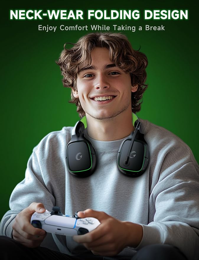 2.4GHz Wireless Gaming Headsets for PS5, PS4, PC, Switch - Bluetooth 5.3 Gaming Headphones with Noise Canceling Mic, 7.1 Surround Sound, 70H Battery, Blue Lighting - Black Green