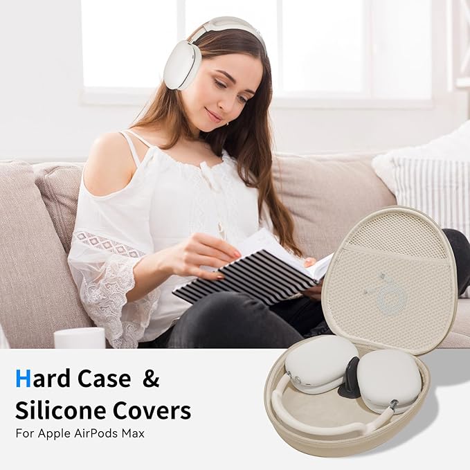 Hard Case for AirPods Max Supports Sleep Mode, Travel Carrying Headphone Case with AirPods Max Silicone Earpad Case/Ear Cups/Headband Cover, AirPod Max Protective Portable Storage Bag (Stone)