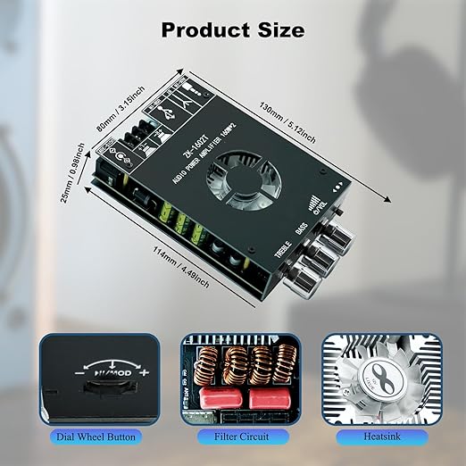 ZK-1602T 160W+160W Bluetooth Amplifier Board with Treble and Bass Control, 2.0 Channel Stereo Audio Mini Power Amplifier Board, TDA7498E Chip DC 15-36V, BT and AUX Inputs for DIY Wireless Speakers