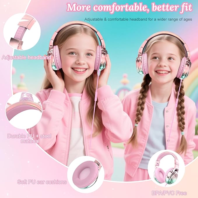 QearFun USB C Kids Headphones Wired with Mic, 85/94dB Safe Volume Limit, Foldable Over Ear, Tangle-Free Cord & Sharing Port, Wired On-Ear Headset for School, Chromebook, Tablet, Travel-Boys & Girls