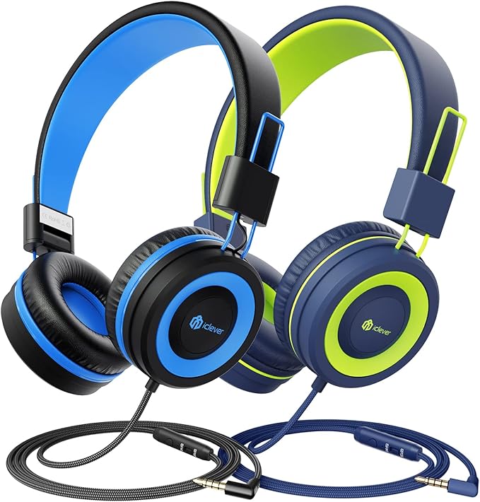 iClever [2 Pack] Kids Headphones with Microphone - Headphones for Boys Girls with Safe Volume Limited 85dB/94dB, Adjustable Foldable for Online School/Travel/Tablet