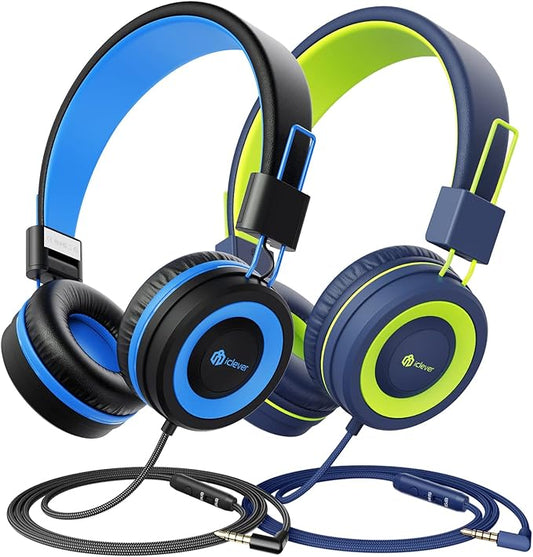 iClever [2 Pack] Kids Headphones with Microphone - Headphones for Boys Girls with Safe Volume Limited 85dB/94dB, Adjustable Foldable for Online School/Travel/Tablet