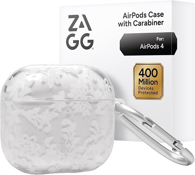 ZAGG Case with Carabiner for AirPods 4 – Wireless Charging Compatible Protective Cover – 360° Drop, Dust & Scratch Protection, Durable Silicone Design, Boho Blossom