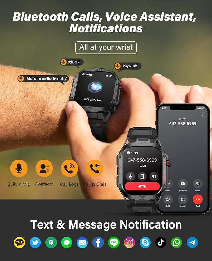 SOUYIE Military Smart Watch for Men Answer/Make Call, 2.02" Outdoor Sport Smartwatch with Flashlight, Heart Rate Blood oxygen Blood Pressure Sleep, 100+ Sport Modes Fitness Tracker for Android and iOS