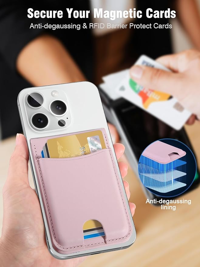 TopMade for MagSafe Wallet with Adjustable Stand, Strongest Magnetic Phone Card Holder for iPhone 17/16/15/14/13/12 Series, Leather RFID Blocking Wallet, ID Window, Fit 6 Cards, Pink
