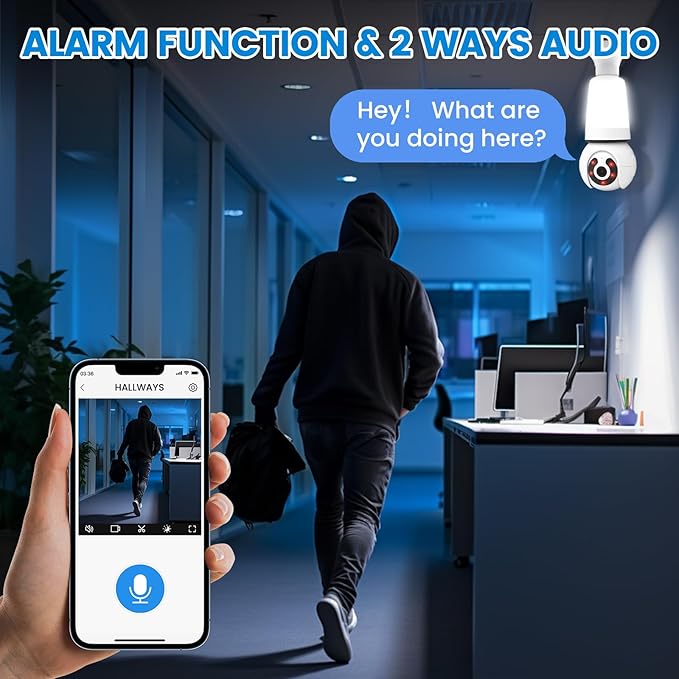 Security Camera, 2K/3MP Outdoor Camera 2.4G Hz E27 Camera for Home Security, 24/7 Recording, Motion Detection and Alarm (A)