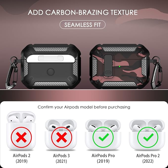 RFUNGUANGO for AirPods Pro 2 Case, Compatible with Airpods Pro Case 2nd / 1st Generation, Compatible with MagSafe, with Cleaning Kit and Keychain, Visible LED, Black, Red Camouflage