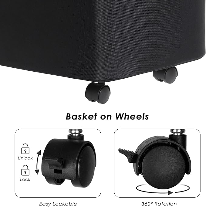 WELTRXE Laundry Hamper on Wheels 110L Large Clothes Basket with Lid and Extended Handles, Foldable Laundry Hamper for Bedroom, Bathroom, Dorm, Laundry Room, Black Rolling Laundry Basket with Wash Bag