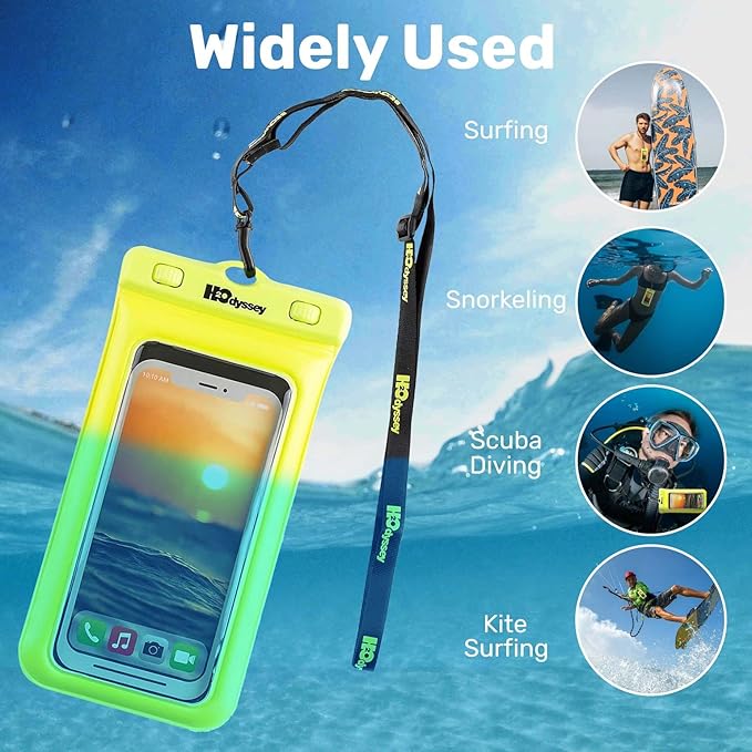 H2ODYSSEY Waterproof Phone Case and Lanyard - Excellent Waterproof Protection - Floats in The Water -Lanyard for Beach Kayak Travel - Universal Size - Yellow