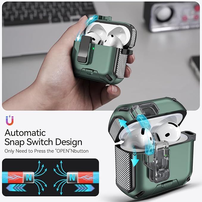 for AirPods 4 Case (2024) with Phone Stand,（with Automatic Snap Switch） Carbon Fiber Design Protection Cover with Cleaning Pen,Light Green