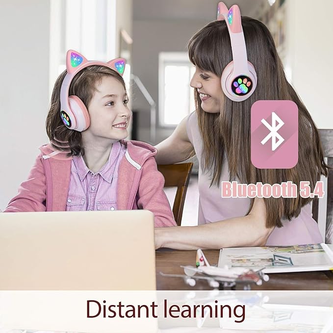 TCJJ Bluetooth 6.0 Cat Ear Kids Headphones for Girls, LED Light Up, 85dB Safe Volume Limit, Stereo Sound Toddler Foldable Wireless & 3.5mm Wired Headset with Mic for School, Tablet, Travel