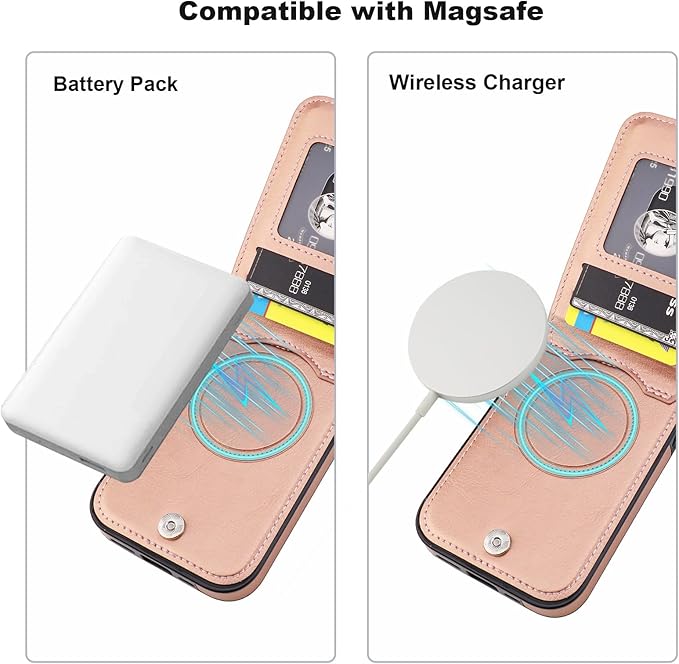 KIHUWEY for iPhone 15 Case Wallet Compatible with MagSafe Wireless Charging, Credit Card Holder, RFID Flip Leather Magnetic Clasp Kickstand Heavy Duty Protective Cover 6.1 Inch (Rose Gold)