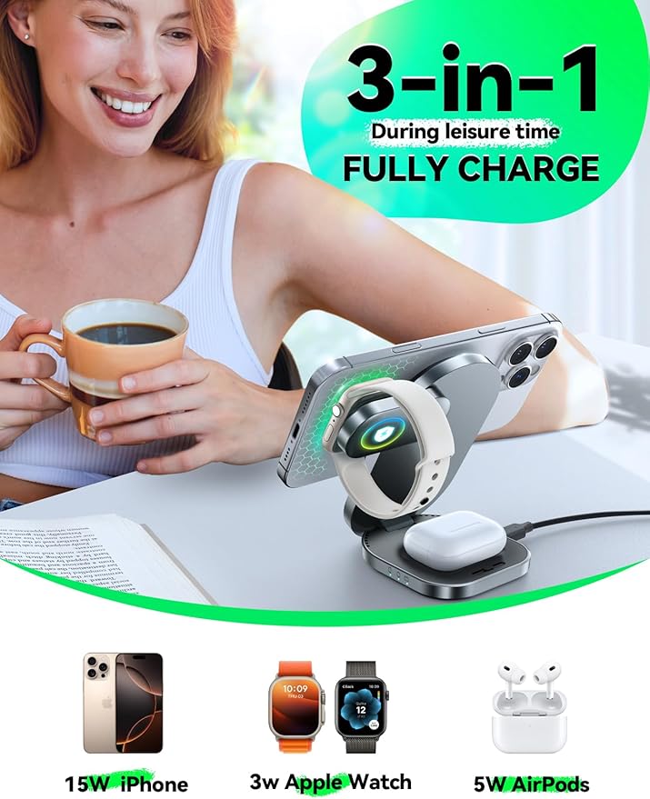 Qi2 3 in 1 Wireless Charging Station,JOYROOM 15W Fast Wireless Charger Stand for iPhone 16/15/14/13, Apple Watch, AirPods, Magnetic Foldable for MagSafe Charger for Multiple Devices (with 30w Adapter)