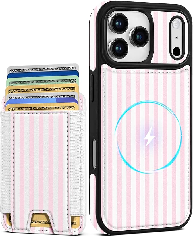 Shorogyt for iPhone 17 Pro Case Wallet - Fits 5 Cards, Compatible with Magsafe Detachable Magnetic Credit Card Holder Leather Cardholder Cute Phone Cover Women Girls for Apple 17Pro, Striped