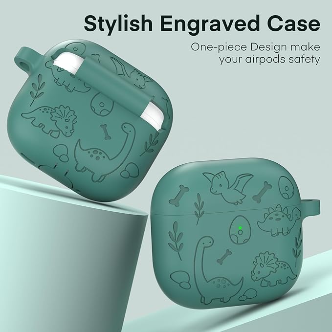 Maxjoy for AirPods 4 Case, Engraved Silicone Cute AirPod 4 Case for Women Men Protective iPod 4 Cover with Keychain Cleaning Kit for AirPods 4th Generation Cover 2024, Dinosaur