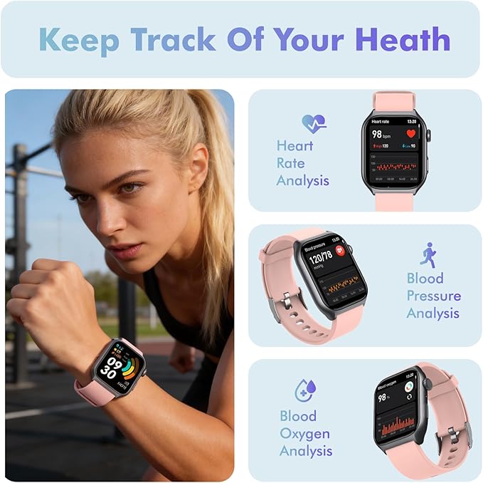 YMS Android Smart Watch for Women - 2.0",IP68 Waterproof Fitness Watches Bluetooth Call (Answer/Call),Heart Rate/Sleep/Pressure/Steps Monitor,Android & iOS,100+ Sports Trackers (Pink)