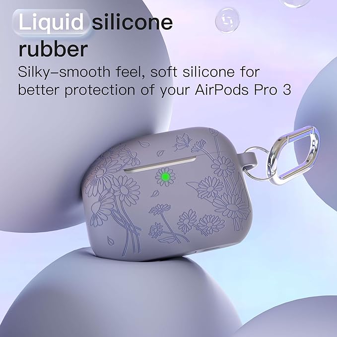 for AirPods Pro 3 Case (2025) DamonLight Daisy Floral Engraved Shockproof Protective Soft Silicone Case Cover with Cleaning Pen and Keychain for Apple Airpods Pro 3rd Generation (Lavender Gray)