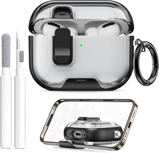 for AirPods Pro 3 Case (2025) with Phone Stand & Cleaner Kit, Cute Soft Silicone Cover for AirPods Pro 3rd Genera case with Keychain for Women Men with Keychain for Airpod Pro case(2025) Black