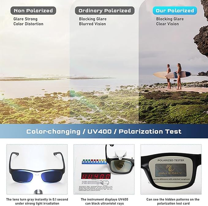 Paleshy 0.1s Auto-Tinting Sunglasses for Men & Women, Polarized Photochromic Glasses with Dual UV400, All-Weather Lightweight Glasses for Driving, Cycling, Fishing, Golf, Night