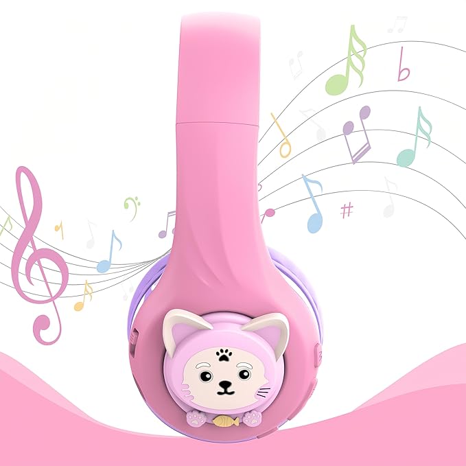 Riwbox CB-7S Kids Wireless Headphones,with Safe Volume Control 74/85/95dB,LED Glow Lights,50H Playtime,Bluetooth V5.3,Built-in Mic, TF Card Slot,for Travel/School/Phone/Laptop(Pink&Purple)