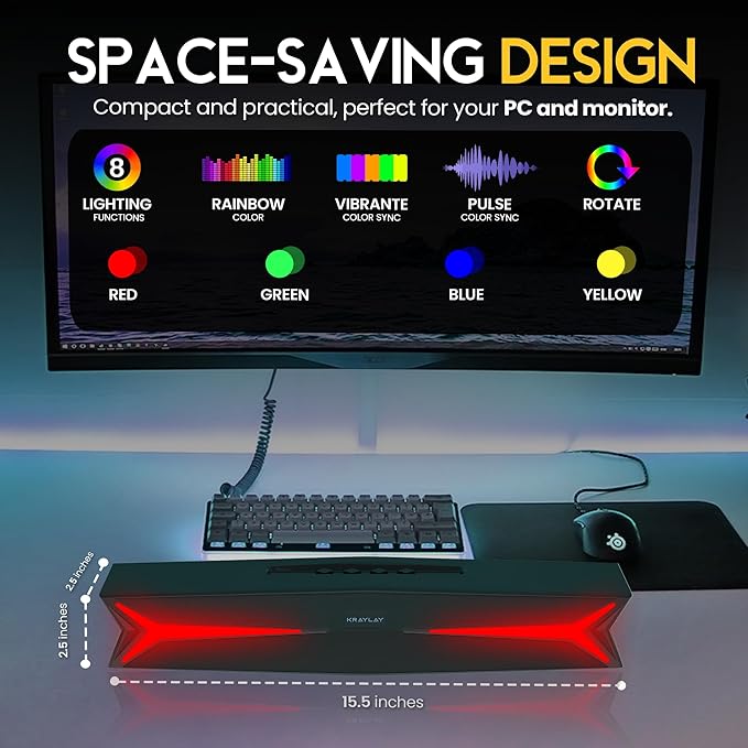 Desktop Soundbar for Computer 15.5 Inches | Bluetooth Soundbar with RGB LED Lights | Clear Bass | AUX, USB, USB-C | Soundbar for Projectors, TVs, Smartphones, Gaming Consoles, & Laptop