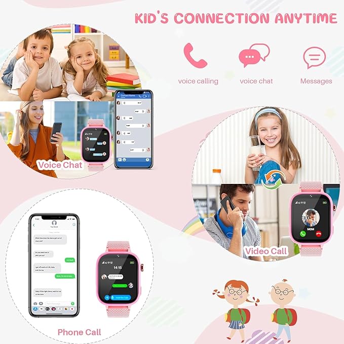 OKYUK 4G Kids Smart Watch, 15 Exciting Games, Two-Way Calling Feature, SOS Emergency Call Button Ideal for Kids Aged 3-12, for Boys & Girls (Pink)