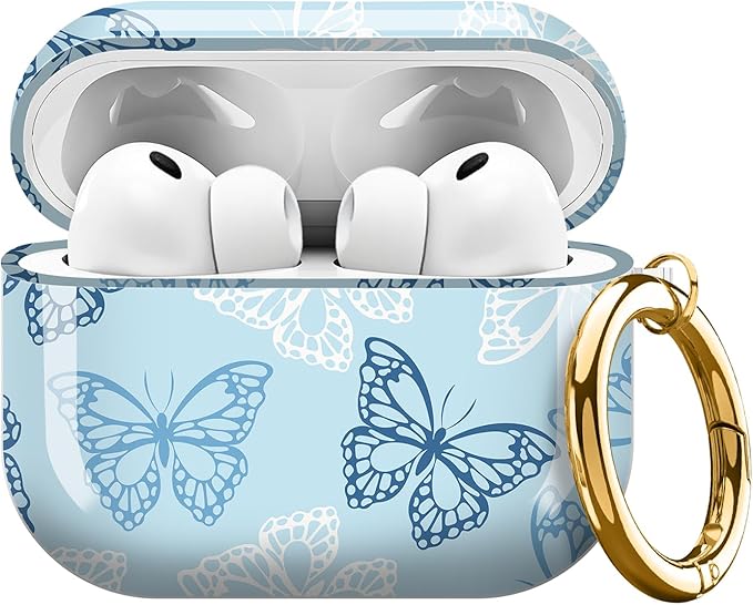AirPod Pro 3 (2025) Case Cover for Women, Cute Shockproof TPU Protective Case with Gold Round Buckle, Anti-Drop Design Cute Blue Butterflies