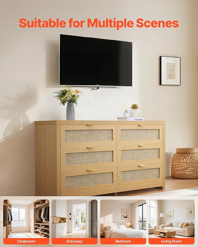 VEVOR Large Dresser for Bedroom, 57" Wide Rattan Dresser 6 Drawer, Wooden Modern Dressers Chest of Drawers with Metal Handle, Clothes Closet Storage Organizer Boho TV Stand for Living Room,Natural Oak